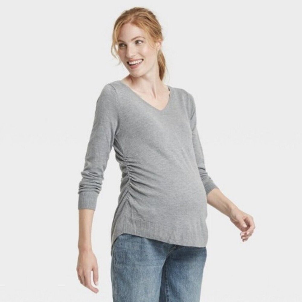Isabel Maternity Gray Long Sleeve Scoop Shirred Maternity Top